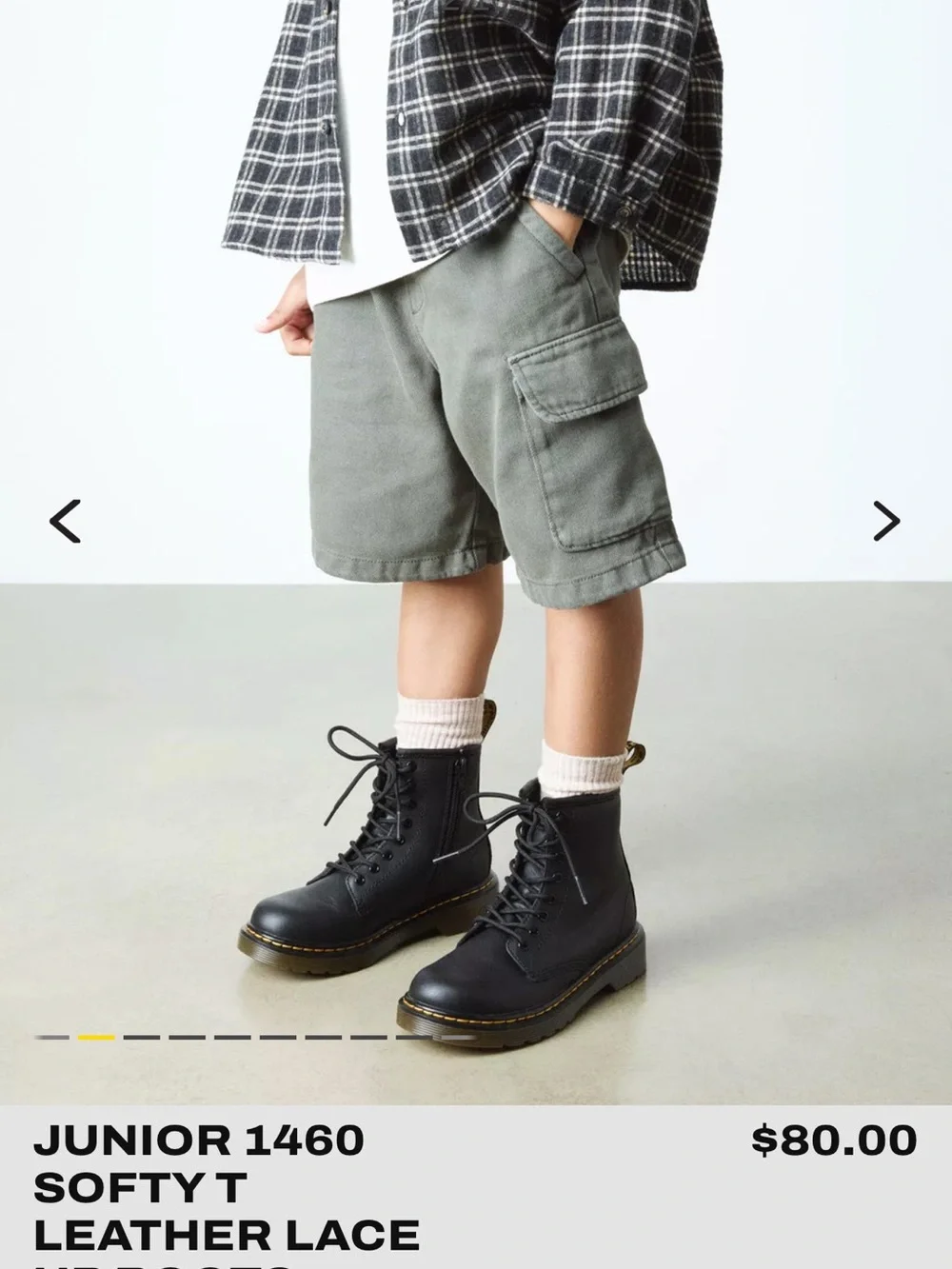 Dr.‎ Martens Kids Black Leather 8-Eye Lace-Up Boot with Yellow Stitching